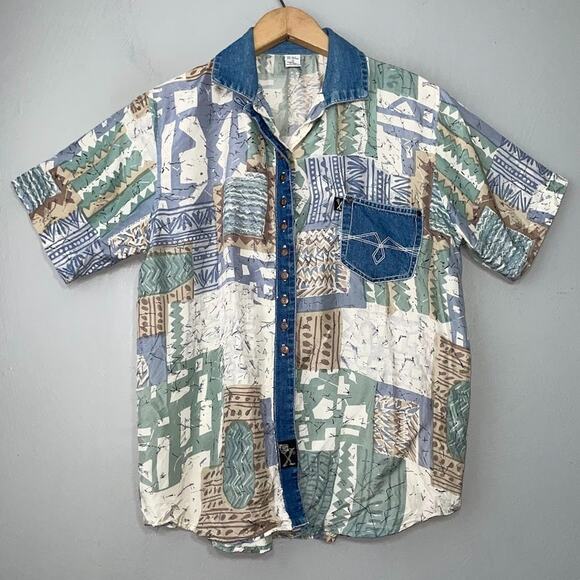 Vintage GX Size Small Silk Denim Button Up Shirt Country Western 80s Cowgirl - Picture 1 of 10